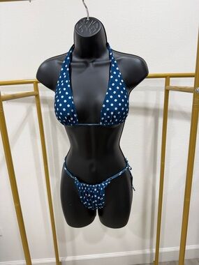 Blue Polka Dot String Bikini Set Small Adjustable Tie Swim